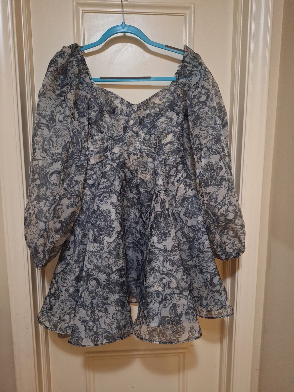 Selkie Gray and White Floral Scroll Puff Sleeve Dress